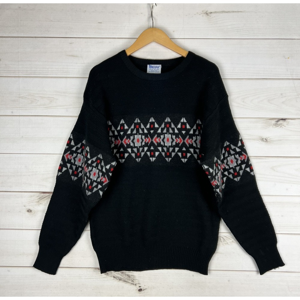 VTG Meister Sweater Adult XL Black Wool Blend Geometric‎ 90s Pullover
